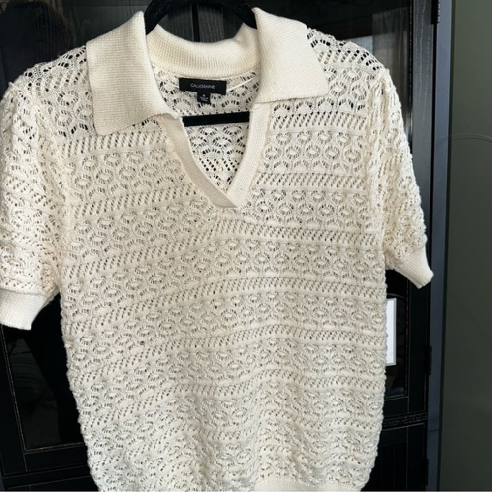 NWT Calligraphe by Anthropologie short-sleeve, cream crochet polo sweater Sz XL